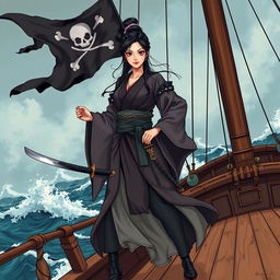 An illustration of a strong Asian woman dressed as a samurai, standing confidently on the deck of a pirate ship