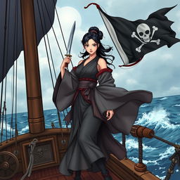 An illustration of a strong Asian woman dressed as a samurai, standing confidently on the deck of a pirate ship