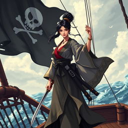 An illustration of a strong Asian woman dressed as a samurai, standing confidently on the deck of a pirate ship