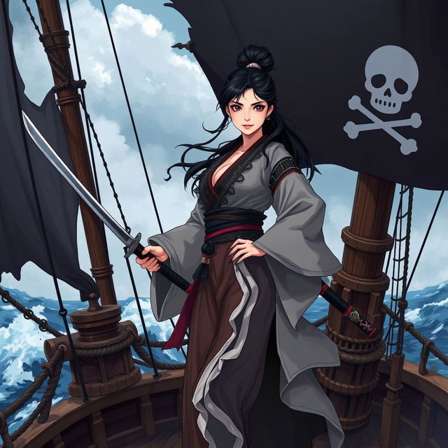 An illustration of a strong Asian woman dressed as a samurai, standing confidently on the deck of a pirate ship