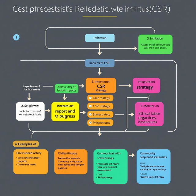 A detailed flowchart on Corporate Social Responsibility (CSR) practices, visually structured and colorful