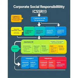 A detailed flowchart on Corporate Social Responsibility (CSR) practices, visually structured and colorful