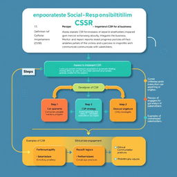 A detailed flowchart on Corporate Social Responsibility (CSR) practices, visually structured and colorful