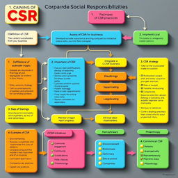 A detailed flowchart on Corporate Social Responsibility (CSR) practices, visually structured and colorful