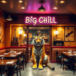 A vibrant and inviting restaurant named 'Big Chill', featuring a musical theme with various musical notes and instruments decoratively placed around the space