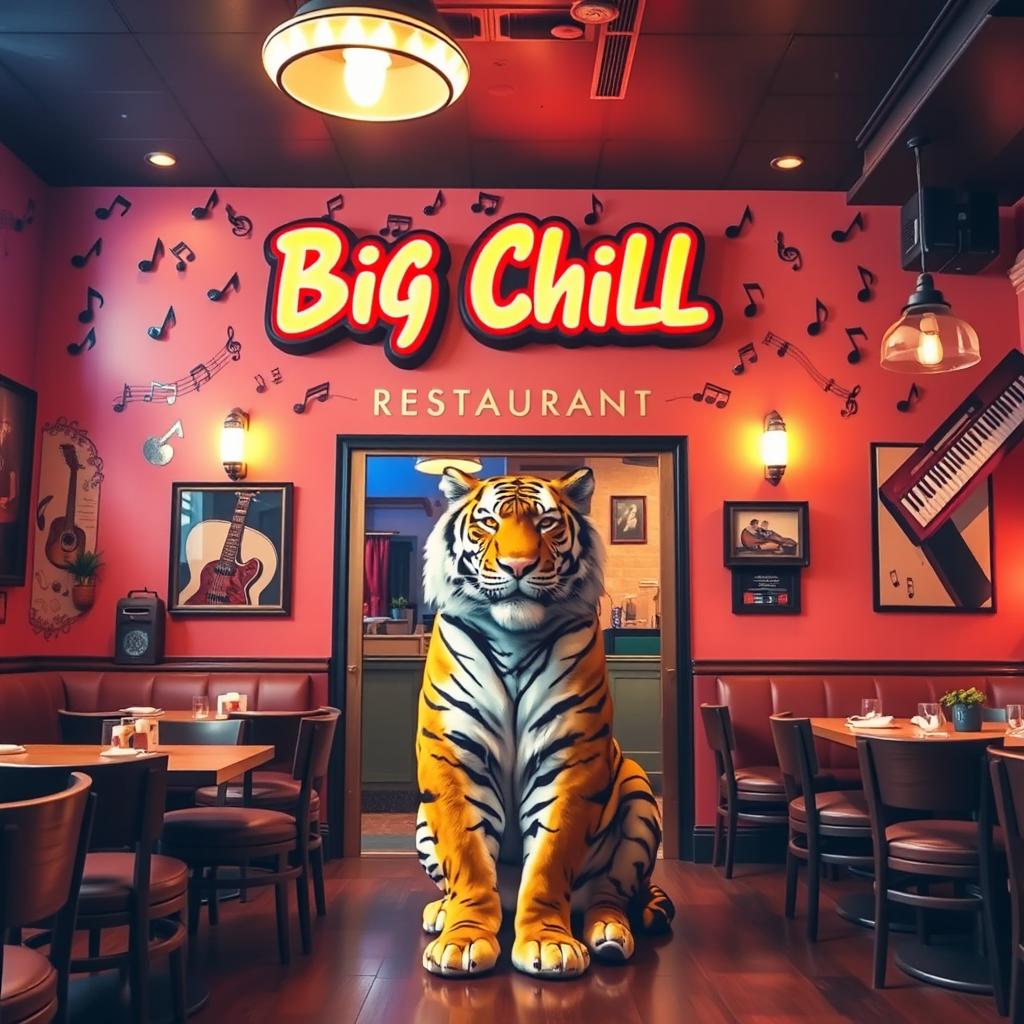 A vibrant and inviting restaurant named 'Big Chill', featuring a musical theme with various musical notes and instruments decoratively placed around the space