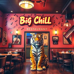 A vibrant and inviting restaurant named 'Big Chill', featuring a musical theme with various musical notes and instruments decoratively placed around the space