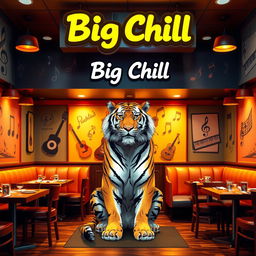 A vibrant and inviting restaurant named 'Big Chill', featuring a musical theme with various musical notes and instruments decoratively placed around the space