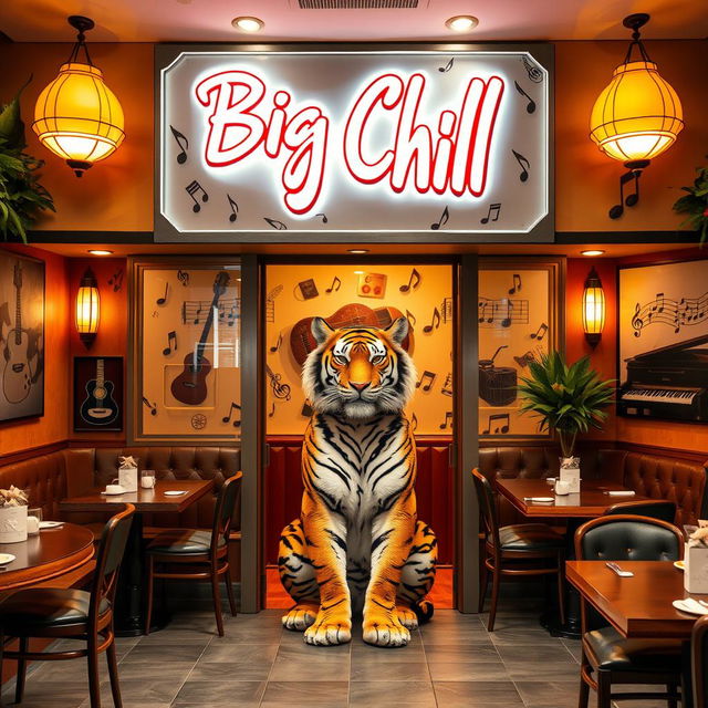 A vibrant and inviting restaurant named 'Big Chill', featuring a musical theme with various musical notes and instruments decoratively placed around the space