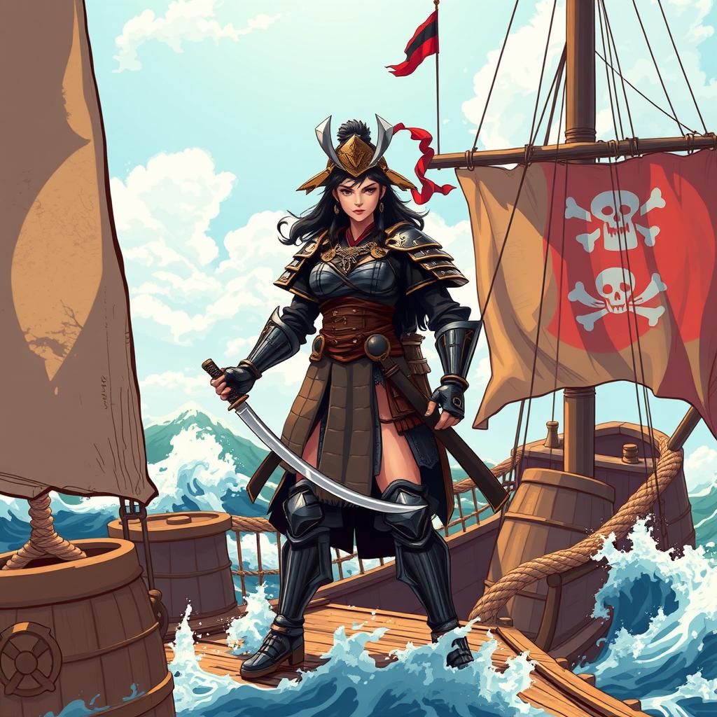 An illustration of a fierce Asian woman samurai standing confidently on a pirate ship, her traditional samurai armor gleaming in the sunlight