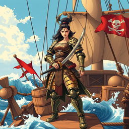 An illustration of a fierce Asian woman samurai standing confidently on a pirate ship, her traditional samurai armor gleaming in the sunlight