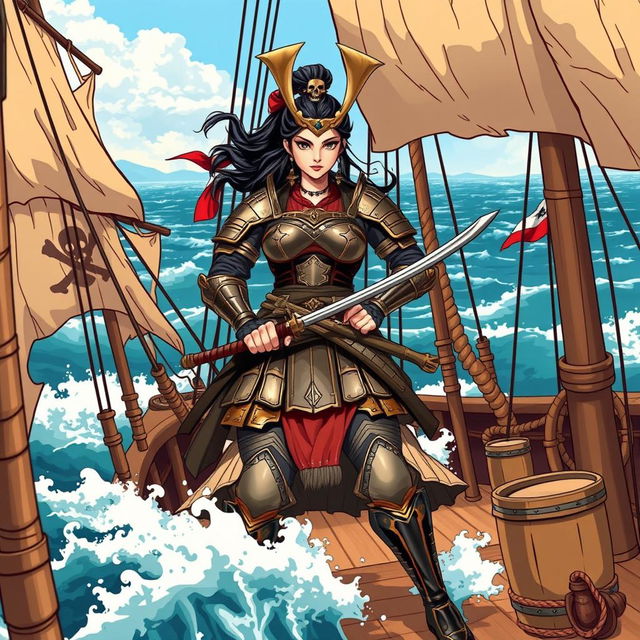 An illustration of a fierce Asian woman samurai standing confidently on a pirate ship, her traditional samurai armor gleaming in the sunlight