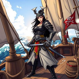An illustration of a fierce Asian woman samurai standing confidently on a pirate ship, her traditional samurai armor gleaming in the sunlight