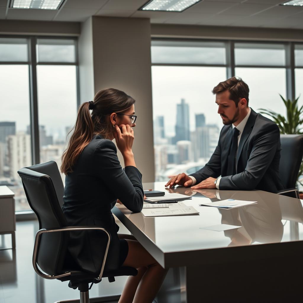 A tense office scene where a woman is being verbally abused by a man in front of their boss