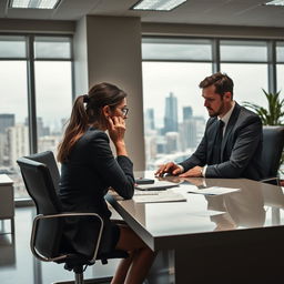 A tense office scene where a woman is being verbally abused by a man in front of their boss