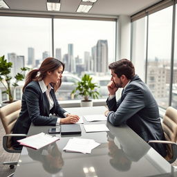 A tense office scene where a woman is being verbally abused by a man in front of their boss