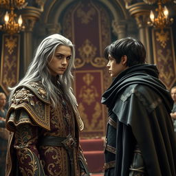 A young king with long silver hair and striking gray eyes standing confidently, facing off against another young king with short black hair