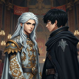 A young king with long silver hair and striking gray eyes standing confidently, facing off against another young king with short black hair