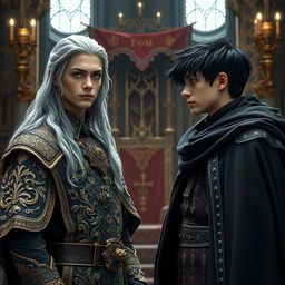A young king with long silver hair and striking gray eyes standing confidently, facing off against another young king with short black hair