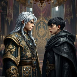 A young king with long silver hair and striking gray eyes standing confidently, facing off against another young king with short black hair