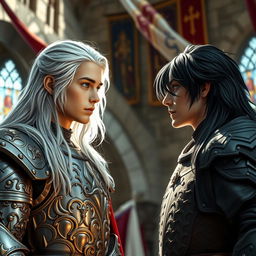 A young king with long silver hair and striking grey eyes stands defiantly, facing another young king with jet-black hair