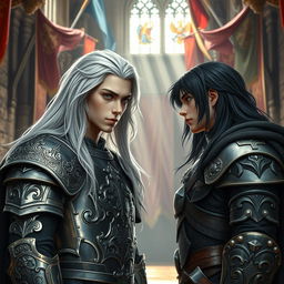 A young king with long silver hair and striking grey eyes stands defiantly, facing another young king with jet-black hair