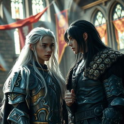 A young king with long silver hair and striking grey eyes stands defiantly, facing another young king with jet-black hair