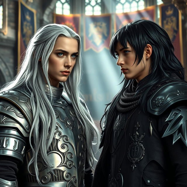 A young king with long silver hair and striking grey eyes stands defiantly, facing another young king with jet-black hair