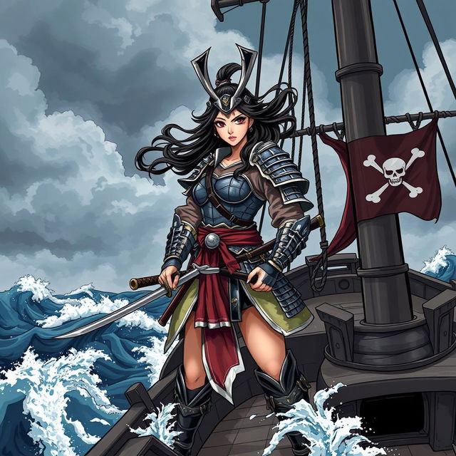 An illustration of a fierce Asian woman samurai, dressed in traditional samurai armor with intricate details, standing confidently on the deck of a pirate ship