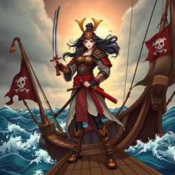 An illustration of a fierce Asian woman samurai, dressed in traditional samurai armor with intricate details, standing confidently on the deck of a pirate ship