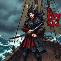 An illustration of a fierce Asian woman samurai, dressed in traditional samurai armor with intricate details, standing confidently on the deck of a pirate ship