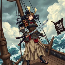 An illustration of a fierce Asian woman samurai, dressed in traditional samurai armor with intricate details, standing confidently on the deck of a pirate ship