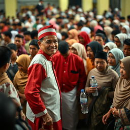 A 53-year-old person wearing a red and white outfit stands amidst a crowd of people, who are attentively watching a religious lecture (pengajian)