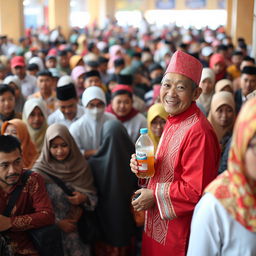 A 53-year-old person wearing a red and white outfit stands amidst a crowd of people, who are attentively watching a religious lecture (pengajian)