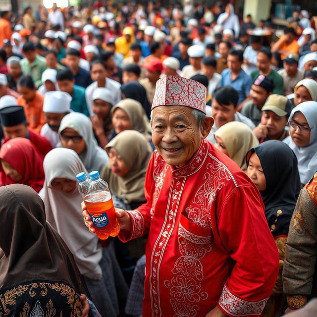 A 53-year-old person wearing a red and white outfit stands amidst a crowd of people, who are attentively watching a religious lecture (pengajian)