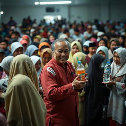 A 53-year-old person wearing a red and white outfit stands amidst a crowd of people, who are attentively watching a religious lecture (pengajian)