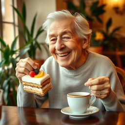 An elderly person joyfully enjoying a slice of cake while sipping coffee, sitting at a cozy café setting with warm lighting