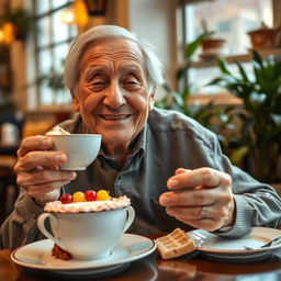 An elderly person joyfully enjoying a slice of cake while sipping coffee, sitting at a cozy café setting with warm lighting