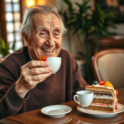 An elderly person joyfully enjoying a slice of cake while sipping coffee, sitting at a cozy café setting with warm lighting