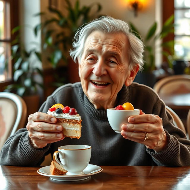 An elderly person joyfully enjoying a slice of cake while sipping coffee, sitting at a cozy café setting with warm lighting