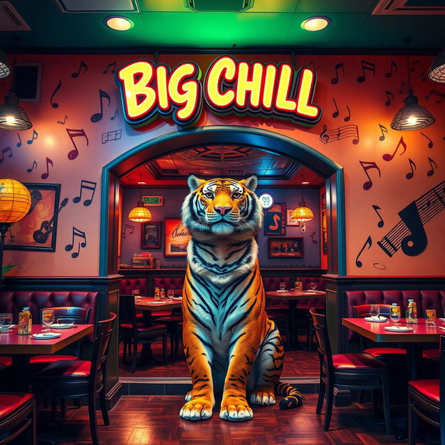 A vibrant and inviting restaurant named 'Big Chill', featuring a musical theme with various musical notes and instruments decoratively placed around the space