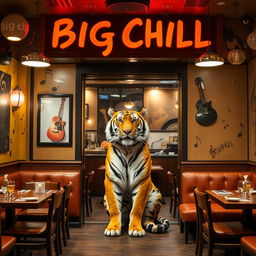 A vibrant and inviting restaurant named 'Big Chill', featuring a musical theme with various musical notes and instruments decoratively placed around the space