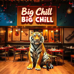 A vibrant and inviting restaurant named 'Big Chill', featuring a musical theme with various musical notes and instruments decoratively placed around the space