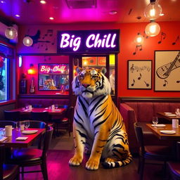 A vibrant and inviting restaurant named 'Big Chill', featuring a musical theme with various musical notes and instruments decoratively placed around the space