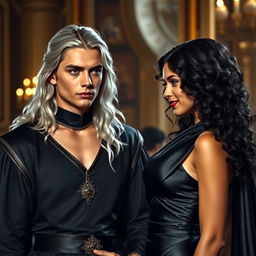 A young king with striking gray eyes and long silver hair stands confidently, facing a young woman with beautiful curly black hair, dressed in a sleek black satin gown