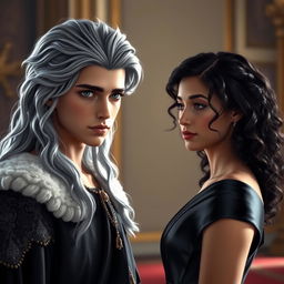A young king with striking gray eyes and long silver hair stands confidently, facing a young woman with beautiful curly black hair, dressed in a sleek black satin gown