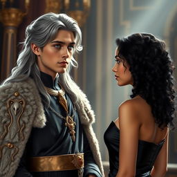 A young king with striking gray eyes and long silver hair stands confidently, facing a young woman with beautiful curly black hair, dressed in a sleek black satin gown