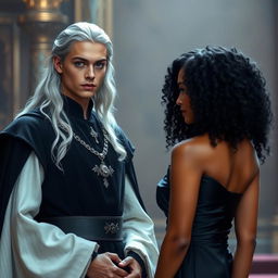 A young king with striking gray eyes and long silver hair stands confidently, facing a young woman with beautiful curly black hair, dressed in a sleek black satin gown