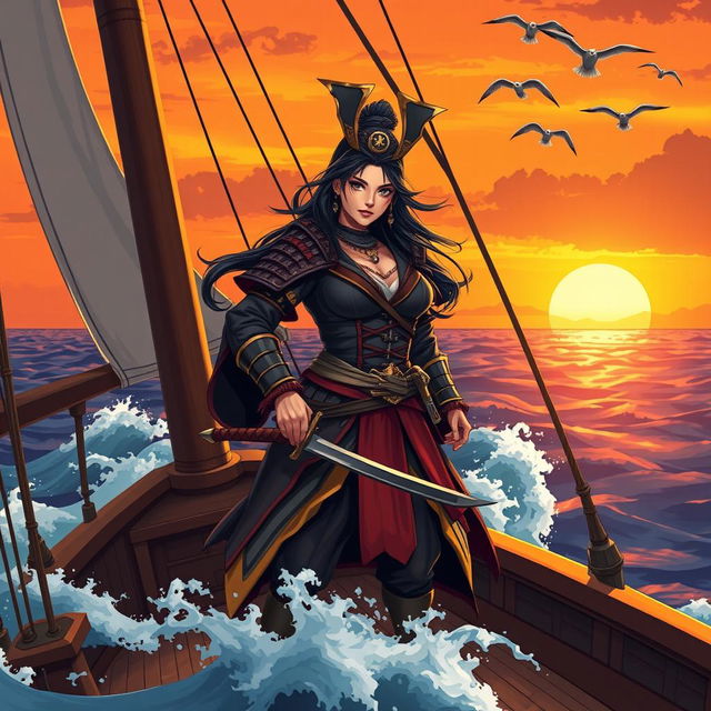 An illustration of a fierce Asian woman samurai confidently standing on the deck of a pirate ship