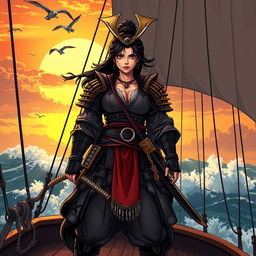 An illustration of a fierce Asian woman samurai confidently standing on the deck of a pirate ship